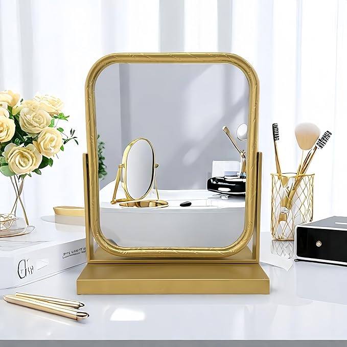 Tabletop Vanity Mirror Adjustable Rotation Golden Metal Framed Gold Vanity Mirror, Room for Living Room,Bedroom,Tabletop,Bathroom.