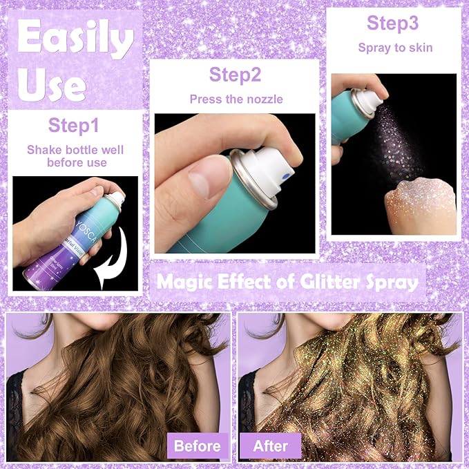 YOSCA Body Glitter Spray, 150ML Shimmer Hairspray for Hair, Body, Clothes - Quick-Drying, Long-Lasting Shiny Spray for Festival, Music Concert, Party, Rave Accessories