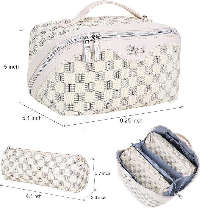 BOYATU Travel Makeup Bag Cosmetic Bags for Women: 3 Pcs Set Portable Make up Bag with Handle - Vegan Leather Toiletry Bags with Compartments - Makeup Organizer for Travel Essentials(02-Beige)