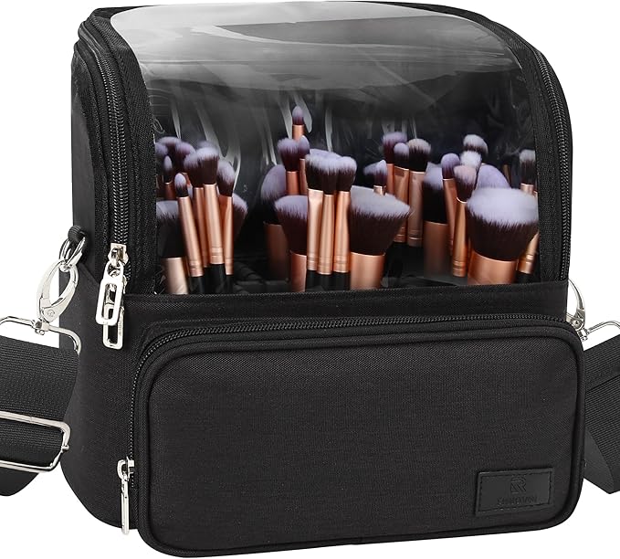 Makeup Brush Case, Extra Large Stand-up Makeup Cup Travel Makeup Brush Bag Foldable Professional Cosmetic Bags Artist Storage Case with Adjustable Divide&Strap (01A-Black(X Large))