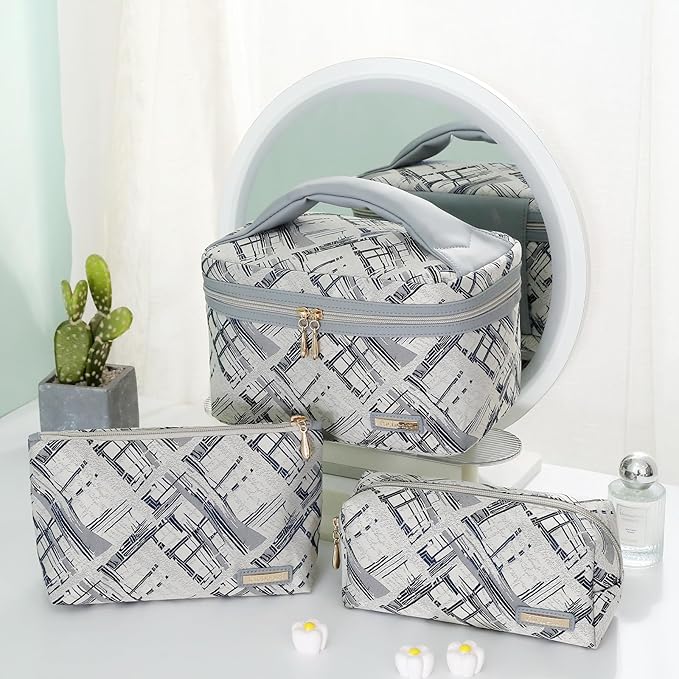 Richeart 3PC Makeup Bag Set, Cationic Jacquard Large Cosmetic Organizer, Back-Coated Solvent-Free Travel Toiletry Bag for Women - Gray