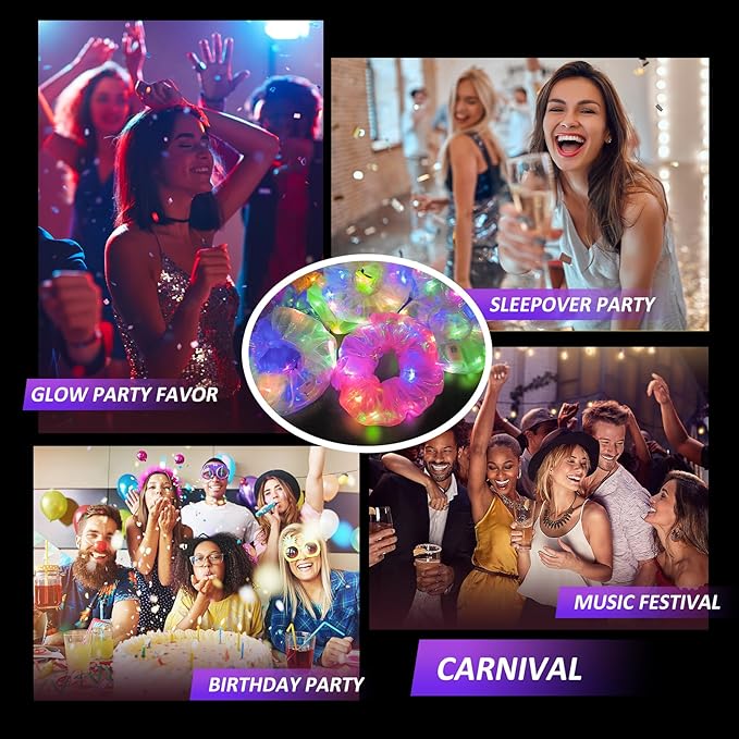 4Pcs Light Up Scrunchies Halloween Hair Tie, LED Neon Hair Accessories for Women & Girls, Glow in the Dark Party Supplies Sleepover Party Favor Rave Accessory