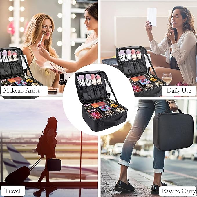 JOURMON Travel Makeup Bag, Large Capacity Cosmetic Train Case for Women Portable Pouch Open Flat Artist Brushes Toiletry Jewelry Digital Organizer Storage Bag with Adjustable Dividers (Black,S)