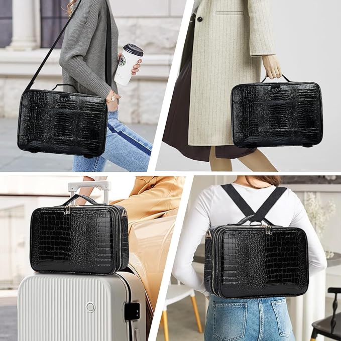 gzcz Travel Makeup Case 16" Large Cosmetic Bag Organizer Professional Portable PU Leather Makeup Storage Case Artist Box with Adiustable Dividers & Strap (L-Crocodile Pattern)