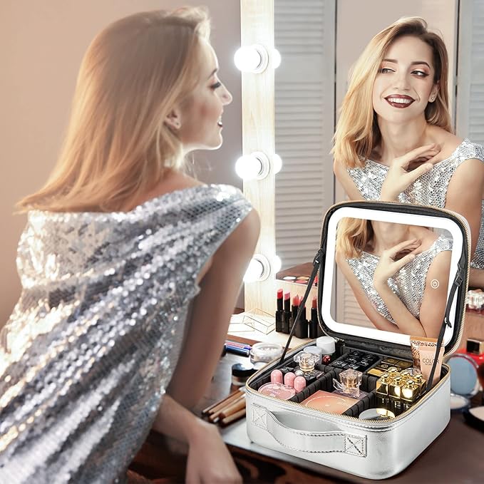 Makeup Travel Train Case with Mirror LED Light 3 Adjustable Brightness Large Cosmetic Bag Portable Storage Adjustable Partition Waterproof Make up Brushes Makeup Jewelry Gift for Women