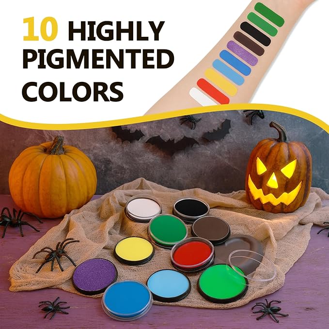 Black Face Body Paint Kit for Kids & Adults, Non-Toxic Water-Based Professional Face Painting Palette with Brushes for Halloween Clown Goth Vampire SFX Makeup, Art Stage Cosplay Parties