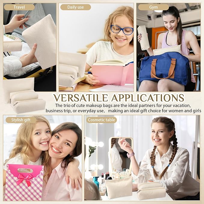 3 Pcs Makeup Bag Set for Women Corduroy Cosmetic Pouch Aesthetic Smile Travel Toiletry Bag Cute Purse Pouch Pencil Case Makeup Brushes Storage Organizer for Christmas(White,Solid Style)