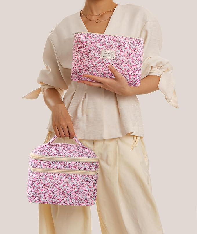 HBselect 2Pcs Travel Makeup Bag, Large Cotton Quilted Makeup Bag Cosmetic Bag Cute Make up Bag Toiletry Bags for Women Girls