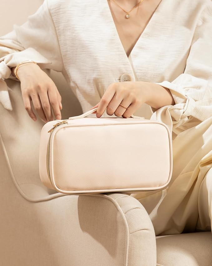 Makeup Bag for Women Small Travel Makeup Bag Organizer Portable Toiletry Bag Cute Makeup Bags Waterproof Leather Cosmetic Bag Makeup Case with Handle, Beige