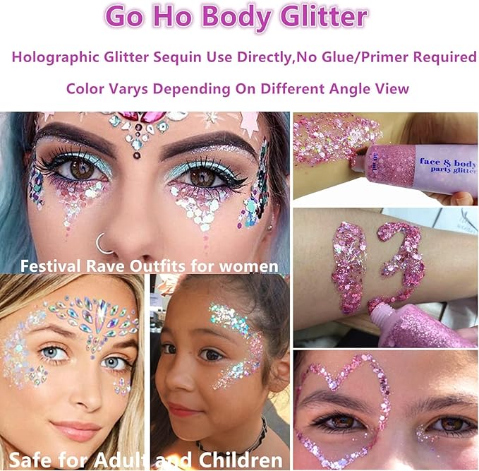 Go Ho Pink Body Glitter Gel and 2 PCS Heart Earrings for Women,Sparkle Holographic Chunky Sequins Glitter Gel with Pink Heart Earrings for Singer Concerts Makeup