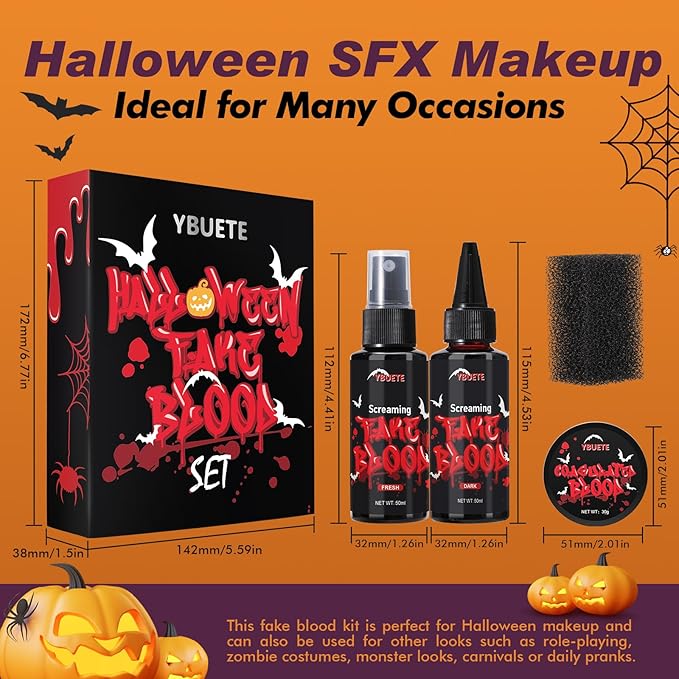 Halloween Fake Blood Makeup Kit, Realistic Washable SFX Makeup Kit with Fake Blood Spray Dripping Blood and Coagulated Gel Blood for Halloween Face Paint Zombie Monster Mouth Clothes Dress Up
