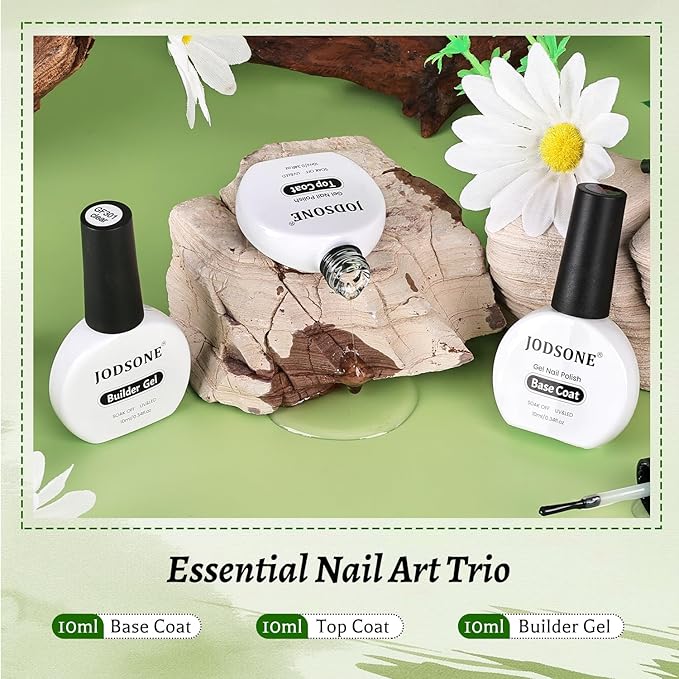JODSONE 3Pcs 10ml Top Coat Base Coat Builder Gel Set – No Wipe Gel for Strengthening Thickening and Nail Extension Requires U V Lamp Curing