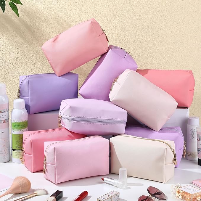 Cunno 50 Pcs Makeup Bag Bulk PU Leather DIY Cosmetic Plain Preppy Makeup Pouch Portable Waterproof Toiletry Bags for Women Travel Pencil Case Cosmetic Organizer (Pink Purple)