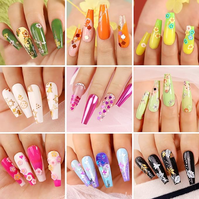 Teenitor 12 Sheets Nail Art Sticker 3D Self-Adhesive, Nail Art Decoration with 5 Boxes Holographic Nail Art Glitter Flakes Butterfly Heart Star Maple Leaf Nail Sequins and Nail Art Flower Slices