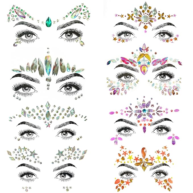 8 Pcs Gemstone Face Stickers for Music Festival Holiday Party, Rhinestone Face Jewels for Halloween Christmas, Face Gems Glitter Sticker Temporary Tattoo for Birthday Carnival