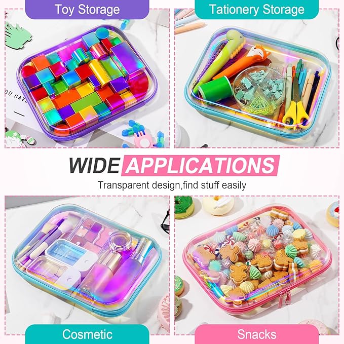 Sanwuta 6 Pcs Clear Hard Zipper Case Pencil Pouches Hard Plastic Zipper Pouches Makeup Bag Transparent Cases for Snacks Plastic Storage Organizer Box for Travel(Holographic,9.84 x 7.87 x 2 Inch)