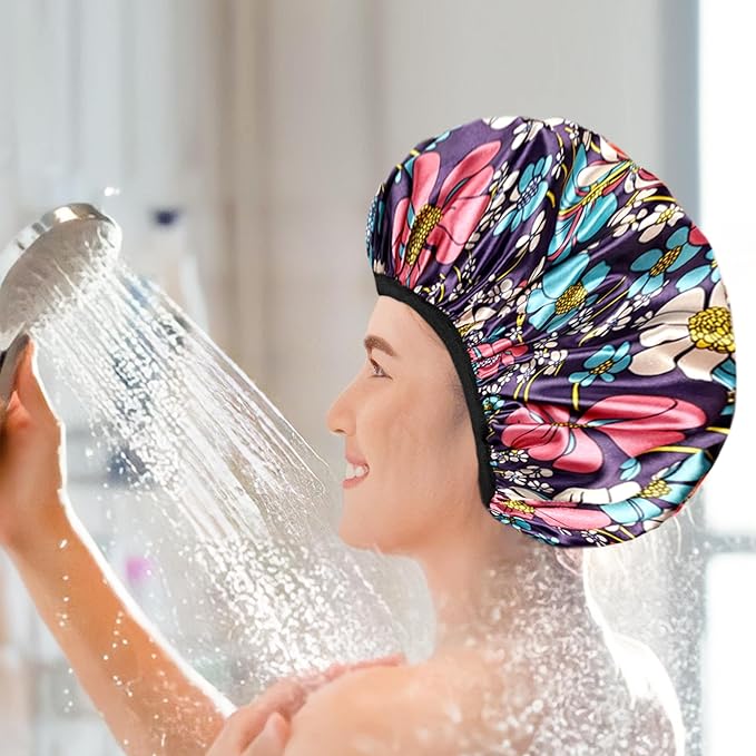 Shower Caps for Women, 2 PCS 3 Layers Terry Lined Shower Cap + 2 Satin Scrunchies, Waterproof Terry Cloth Bath Caps Elastic and Reusable Hair Cap for Shower - (Black+Flower B)