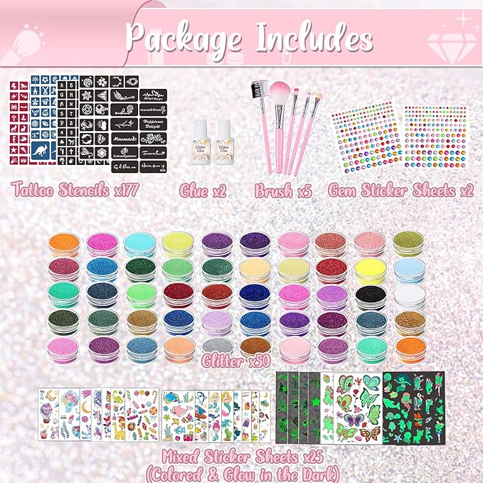 TEUVO Kids Glitter Tattoo Kit with 50 Colors, 177 Stencils, 25 Mixed Pattern Stickers(Colored/Luminous), 2 Gem Stickers, Body Face Glitter Makeup Temporary Tattoos for Halloween Christmas Birthday