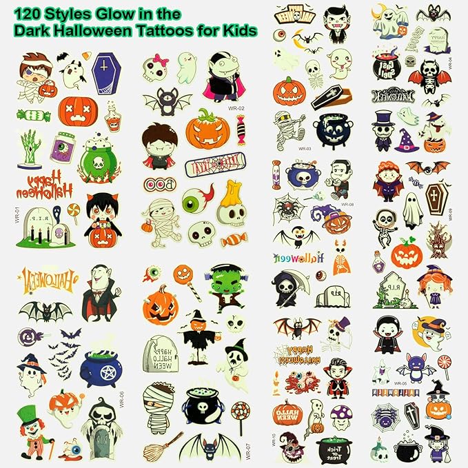 120 PCS Glow Halloween Tattoos for kids, Luminous Temporary Tattoo Stickers Halloween Party Favors, Trick or Treats, Goodie Bag Stuffers, Gifts, Halloween Makeup Decorations, Party Supplies