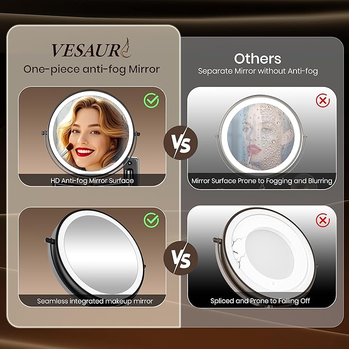 Large Wall Mounted Lighted Makeup Mirror Black Nickel, 1X/20X Magnifying Mirror with 3 Color Light, LED Lights Dimmable 5000mAh Rechargeable Wall Mount Makeup Mirror, 360° Swivel 17 Inch for Bathroom