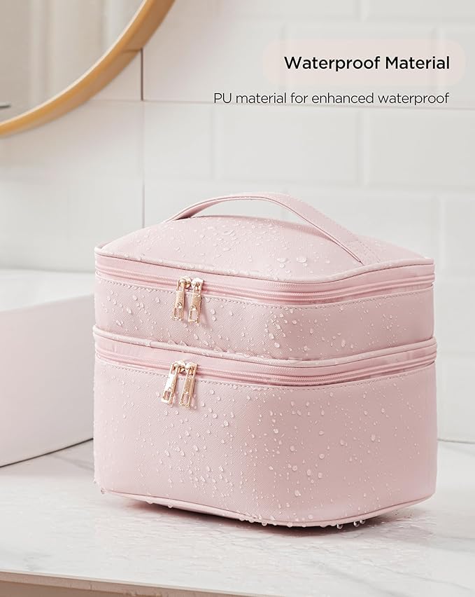 Makeup Bag for Women X-Large Travel Makeup Bag Organizer Portable Toiletry Bag Cute Makeup Bags Waterproof Leather Cosmetic Bag Makeup Case with Removable Dividers, Pink