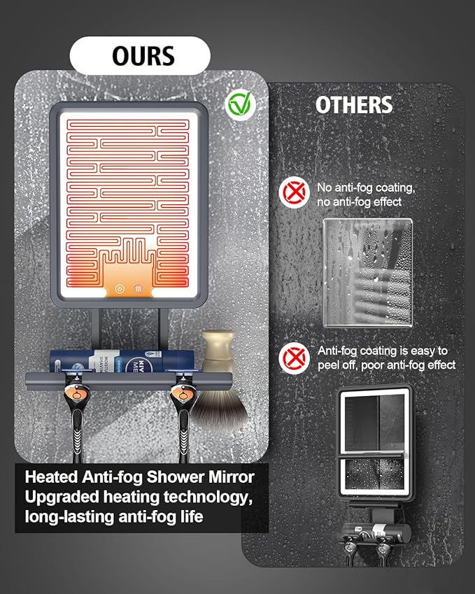 Lighted Shower Mirror Fogless for Shaving, Heated Fogless Shower Mirror with 3 Colors Stepless Dimmable Lights, Rechargeable Adjustable Shaving Mirror with Razor Stand, Brush Holder for Men