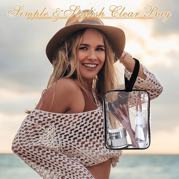 Silkfly Clear Toiletry Bag PVC Travel Cosmetic Bag with Handle Strap Makeup Pouch with Zipper Summer Vacation Salon Graduation Gift End of the Year Gifts(Black,50 Pack)