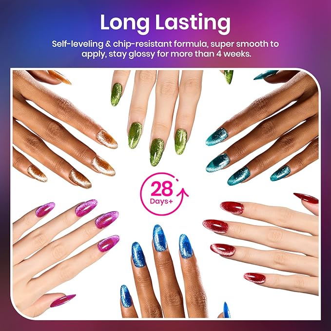 Beetles Cat Eye Gel Nail Polish, 6 Colors Red Purple Green Blue Green Gold Holographic Glitter Gel Polish Set with Magnet Soak Off UV Shimmer Velvet Gel Sparkle Soiree Series Manicure Gifts for Women