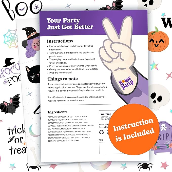 HOUSE OF PARTY Glow in the Dark Tattoos for Kids - Pack of 72 - Halloween Temporary Tattoos - Non-Toxic Waterproof Stickers for Boys and Girls Ideal for Halloween Tatoos Party Favors and Decorations!