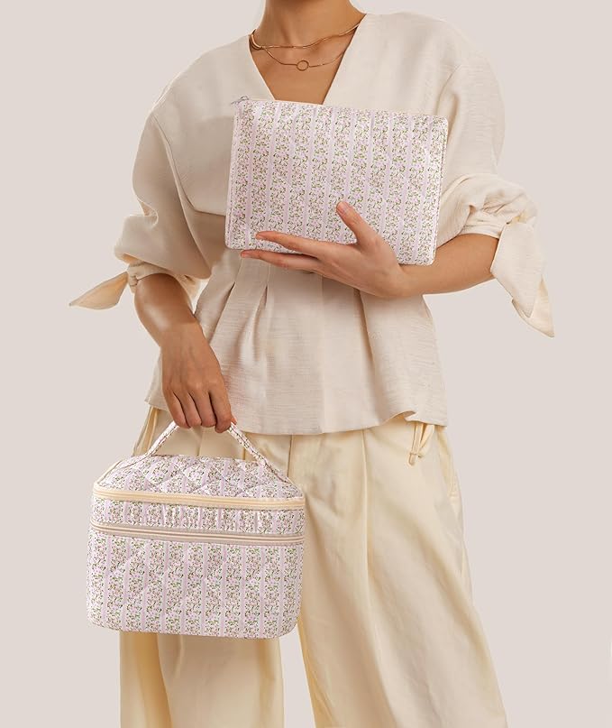 HBselect 2Pcs Travel Makeup Bag, Large Cotton Quilted Makeup Bag Cosmetic Bag Cute Make up Bag Toiletry Bags for Women Girls