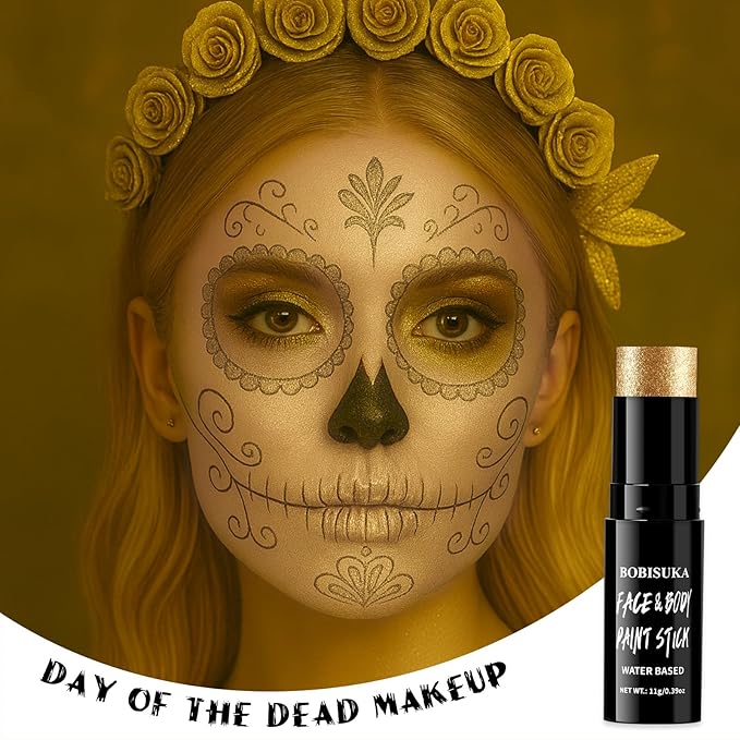 BOBISUKA Metallic Gold Face Body Paint Stick Washable Water-Based Face Paint Makeup Stick for Halloween Skull, Goth, Cosplay, SFX, Sports Eye Black & Costume Party