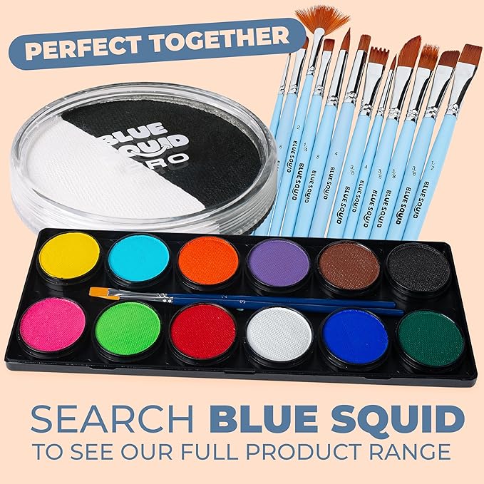 Blue Squid Face Paint Water Based Single Cake Professional Face & Body Paint - Water Activated, Kids Adults Face Painting for Costume, Halloween Makeup, Cosplay - Split Black & White Face Paint 30g
