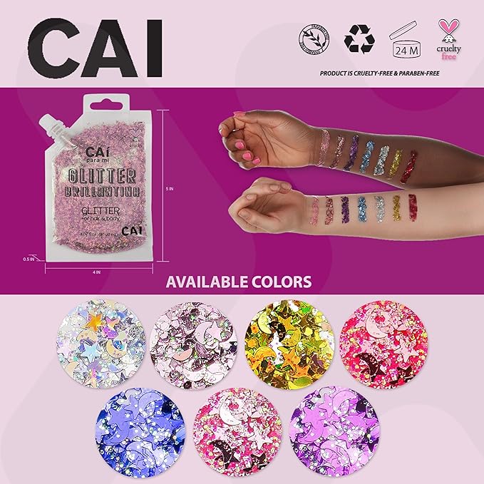 Face, Body & Hair Glitter Gel – Halloween Glitter for Kids and Women – 3 Oz Cosmetic-Grade Gel w/Moon & Stars for Festivals & Halloween Party, Easy Apply & Wash Off - Red 2Pack