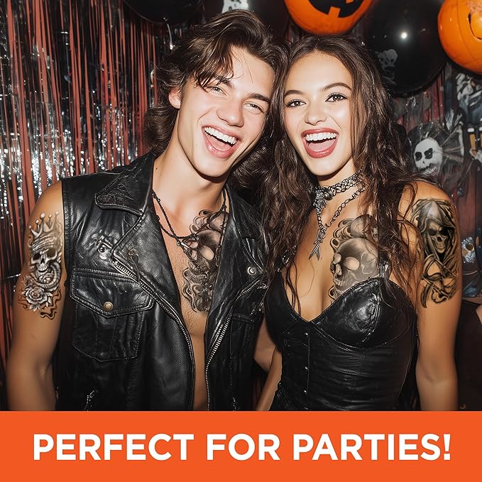 Skull Temporary Tattoo Sleeves – Realistic Full Arm Fake Tattoos for Men & Women, Slip-On Sleeve Style, Reusable Halloween Costume Accessory or Cosplay Prop