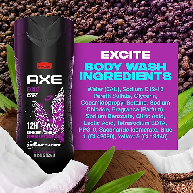 AXE Body Wash 4 Count 12h Refreshing Scent Excite Crisp Coconut & Black Pepper Men's Body Wash with 100% Plant-Based Moisturizers 16 oz