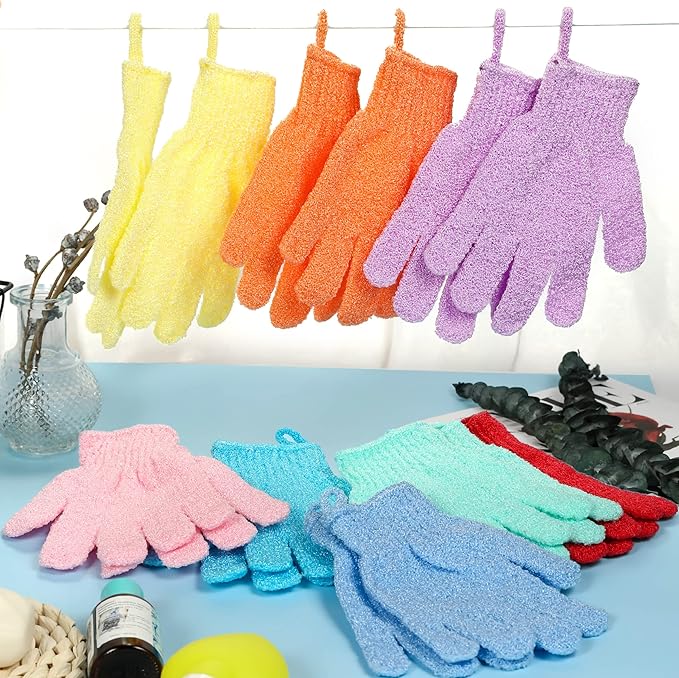 Bath Gloves,16 Pcs Exfoliating Bath Gloves,Body Scrub Gloves with Hanging Loop for Beauty Spa Massage Skin Shower Body Scrubber-8 Colors