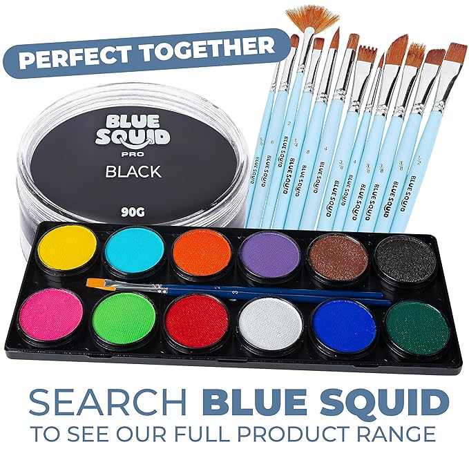 Blue Squid PRO Face Paint - Professional Water Based Single Cake Facepaint & Body Paints - SFX Makeup, Kids Adults Face Painting for Costume, Halloween, Cosplay - Classic Black 90g / 3oz