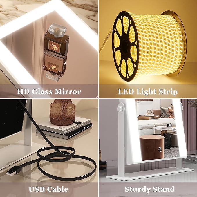 9"x11" Small Vanity Mirror with Lights, Lighted Makeup Mirror with Light, Portable Tabletop Cosmetic Make Up Mirror, Smart Touch Control, Dual Power Supply, 360°Rotation