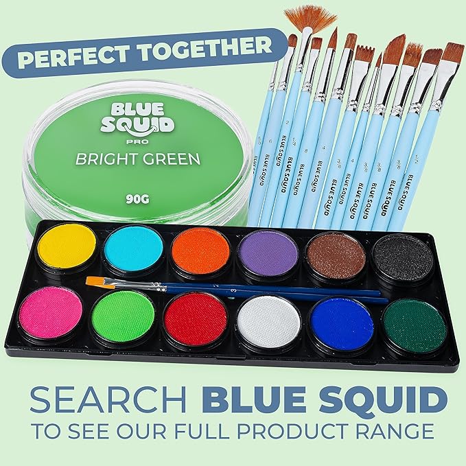 Blue Squid PRO Face Paint - Professional Water Based Single Cake Facepaint & Body Paints - SFX Makeup, Kids Adults Face Painting for Costume, Halloween, Cosplay - Classic Bright Green 90g / 3oz