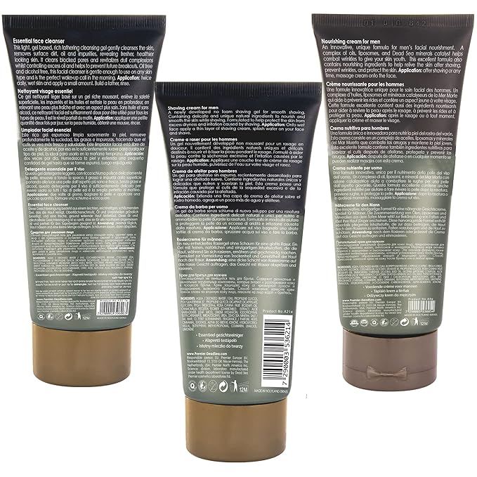 Premier Dead Sea Men's Skincare Gift Set, 3-Pack: Nourishing Cream, Shaving Cream, Facial Cleanser for Men, Sensitive Skin, Anti-Wrinkle, Daily Use