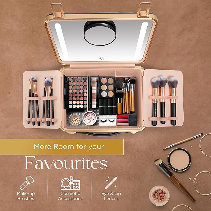 Lighted Makeup Case with Mirror - Portable Travel Makeup Organizer with light up Mirror, 3 Light Settings, Rechargeable Makeup Bag with Mirror and Lights - Mini 10x magnifying Mirror included