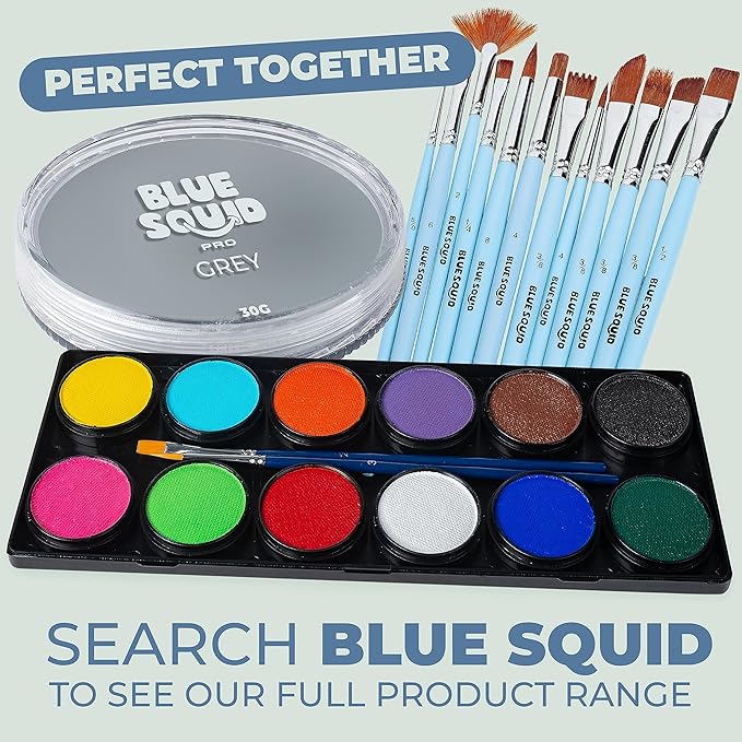 Blue Squid Face Paint Water Based Single Cake Professional Face Paint & Body Paint - Water Activated, Kids Adults Face Painting for Costume, Halloween Makeup, Cosplay - Classic Grey Face Paint 30g