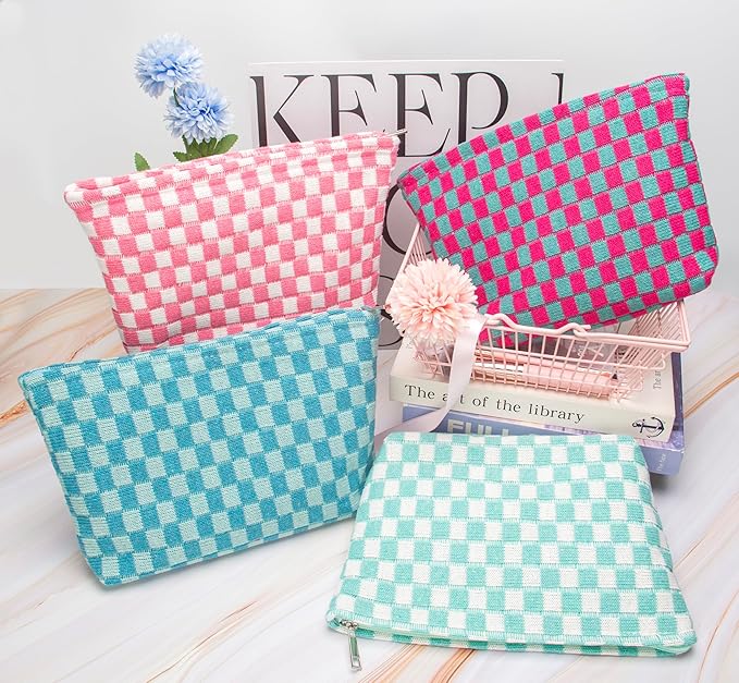 PAZIMIIK Knitted Checkered Makeup Bag Large Zipper Make Up Accessory Pouch for Purse Cosmetic Brush Bag for Travel Essential Lake Blue