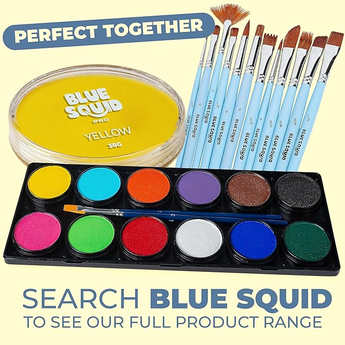 Blue Squid Face Paint Water Based Single Cake Professional Face Paint & Body Paint - Water Activated, Kids Adults Face Painting for Costume, Halloween Makeup, Cosplay - Classic Yellow Face Paint 30g