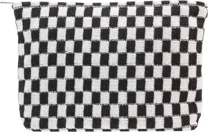 PAZIMIIK Knitted Checkered Makeup Bag Large Zipper Make Up Accessory Pouch for Purse Cosmetic Brush Bag for Travel Essential,Black