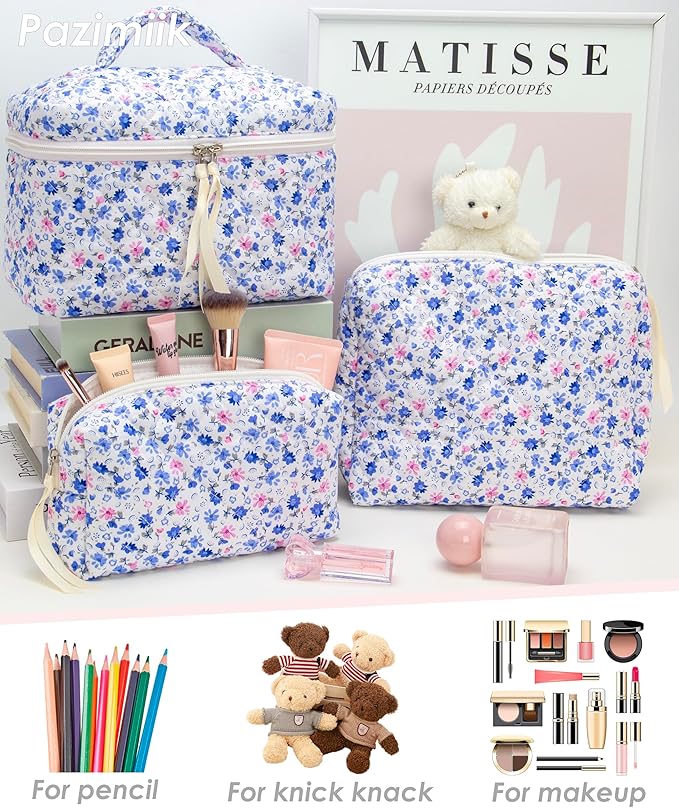 PAZIMIIK 3PCS Makeup Bag SET Large Travel Quilted Zipper Soft Cosmetic Case Pouch for Women Girls Make Up,Floral Blue