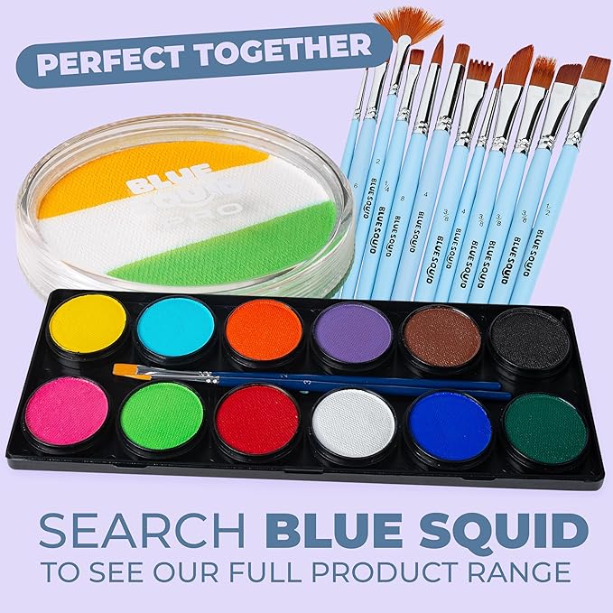 Blue Squid Face Paint Water Based Single Cake Professional Face & Body Paint - Water Activated, Kids Adults Face Painting for Costume, Halloween Makeup, Cosplay - Green, White, & Orange Face Paint 30g