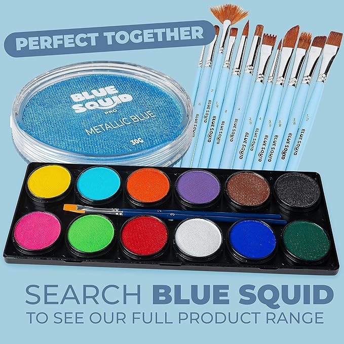 Blue Squid Face Paint Water Based Single Cake Professional Face Paint & Body Paint - Water Activated, Kids Adults Face Painting for Costume, Halloween Makeup, Cosplay - Metallic Blue Face Paint 30g