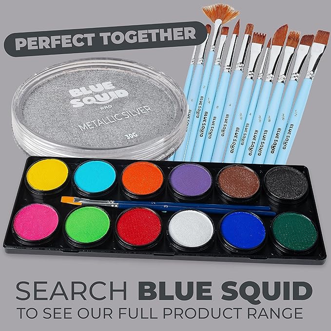 Blue Squid Face Paint Water Based Single Cake Professional Face Paint & Body Paint - Water Activated, Kids Adults Face Painting for Costume, Halloween Makeup, Cosplay - Metallic Silver Face Paint 30g