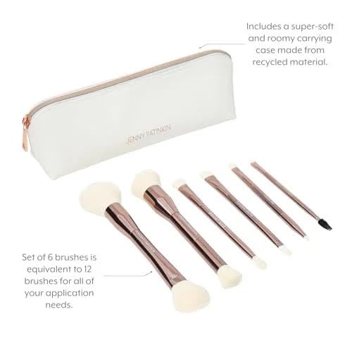 Luxury Dual Ended Makeup Brush Set, 6 Makeup Brushes, Professional & Travel Makeup Brush Set with White Leather Case, 2.5x More Vegan, Soft Bristles for Full Face Flawless Application.